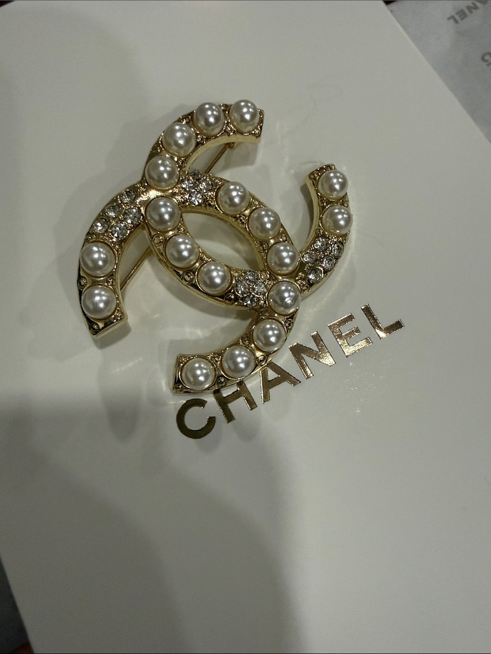 Upcycled Gold CC Logo Brooch with Pearls and Crystals